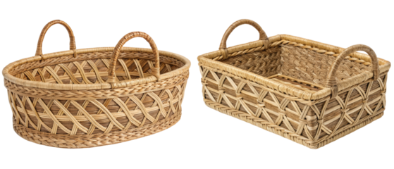 Two woven baskets with handles. isolated with transparent background