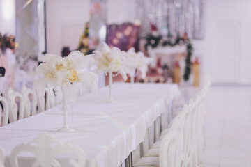 Wedding banquet decoration. wedding table decoration with flowers tables. Wedding decor for banquet 