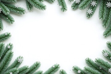 clean white background with green pine branches frosty snowflakes