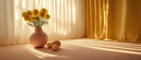 Serene Morning Light on Vase with Yellow Flowers and Eggs Near Soft Curtains