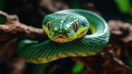 Fototapeta premium Green snake coiled on branch, rainforest, close-up, nature photography, wildlife