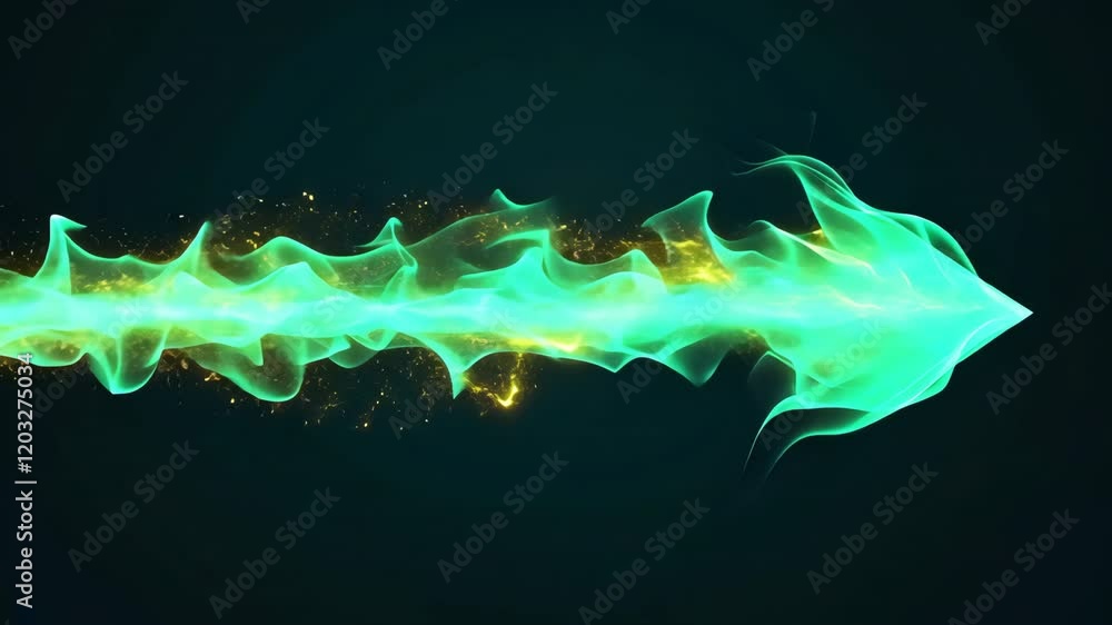 Poster vibrant glowing green arrow of swirling flames and sparks moves dynamically against dark background 
