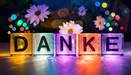 ドイツ語の感謝の言葉DANKEの文字が書かれたカラフルで透明なキューブブロック。 aiで生成	
