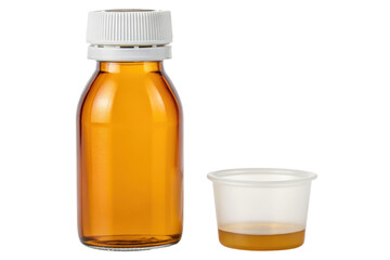 Amber glass bottle with a white cap and a medicine cup isolated with transparent background