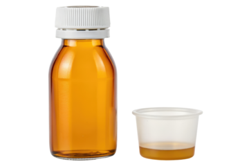 Amber glass bottle with a white cap and a medicine cup isolated with transparent background