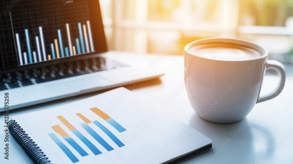 Aufkleber professional workspace featuring laptop displaying graphs, notebook with charts, and cup of coffee, 