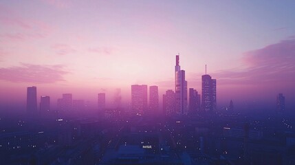 Cityscape at sunset, hazy skyline with skyscrapers and soft purple light.