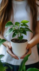 A pot with a houseplant, close-up, in the hands of a young girl. A gardener or florist holds a pot with a plant in his hands.