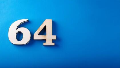 Banner number 64 on blue background, copy space. Generated image