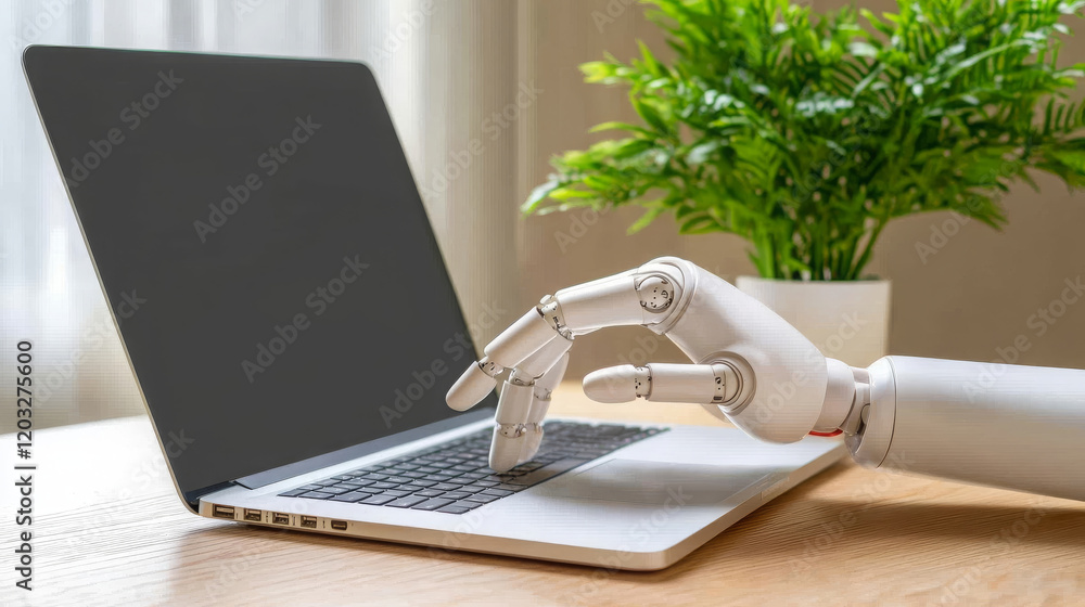 Poster robotic hand pressing button on laptop, showcasing technology and innovation. scene conveys sense of