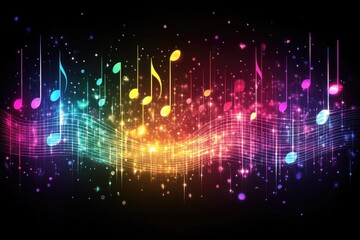 Fototapeta premium Vibrant Musical Notes and Rainbow Waves on a Starry Black Background