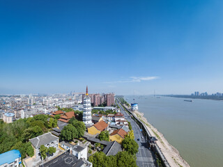 aerial view of Anqing cityscape with ancient pagoda, China