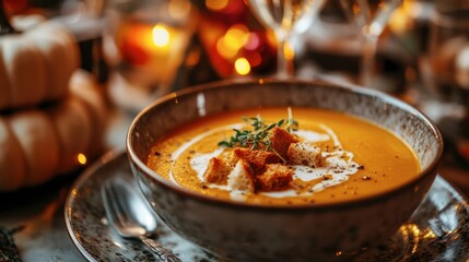 A warm bowl of creamy pumpkin soup garnished with croutons and a drizzle of cream
