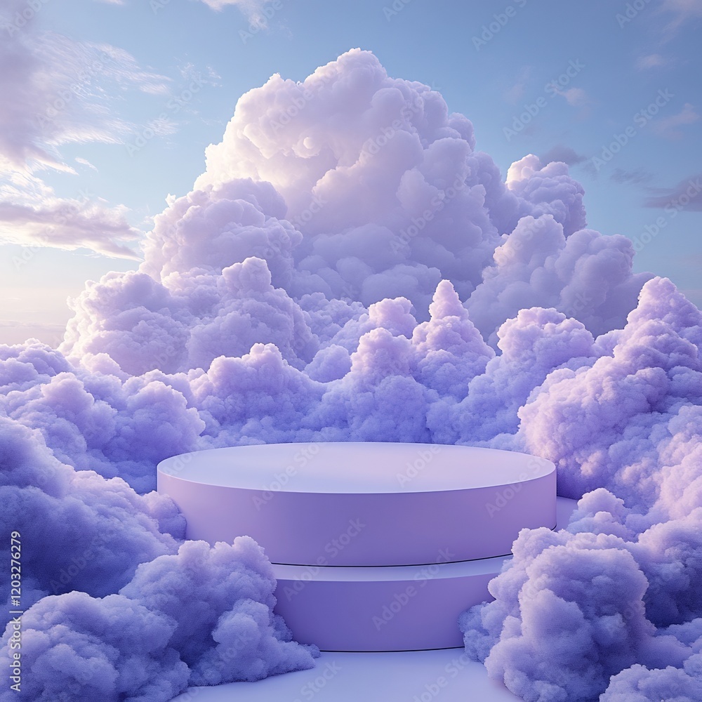 Poster lavender 3d podium surrounded by soft clouds creating a whimsical atmosphere in a minimalist studio 