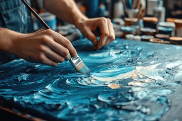 Obraz premium Artist Creating Abstract Blue Painting with Brush Strokes in Studio