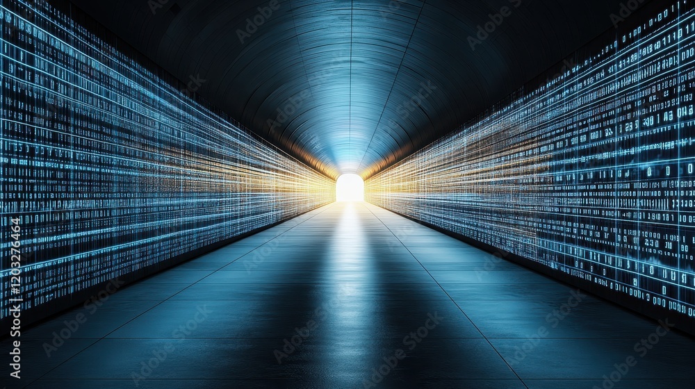 Poster digital code tunnel leading towards light