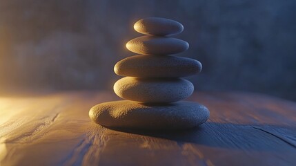 Obraz premium A stack of smooth river stones balanced on a wooden surface with soft lighting