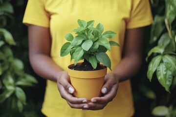 A pot with a houseplant, close-up, in the hands of a young girl. A gardener or florist holds a pot with a plant in his hands.