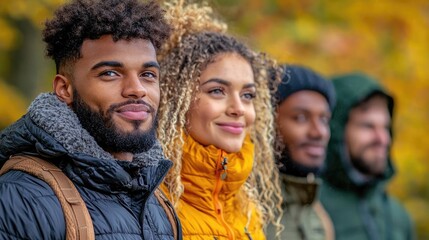 Friends hiking autumn forest, enjoying nature's beauty