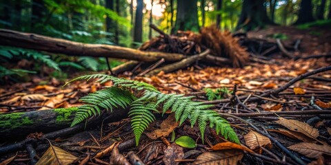 Obraz premium Dark forest floor with fallen branches and ferns in shades of green and brown, decayed wood