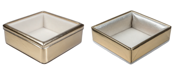 Two gold colored square boxes with white interiors isolated with transparent background