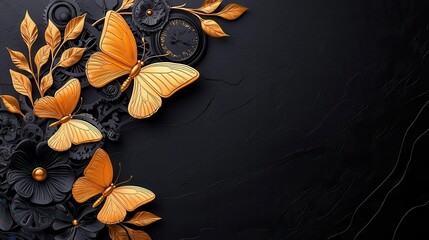 Butterflies with flowers, elegant design on a dark background.
