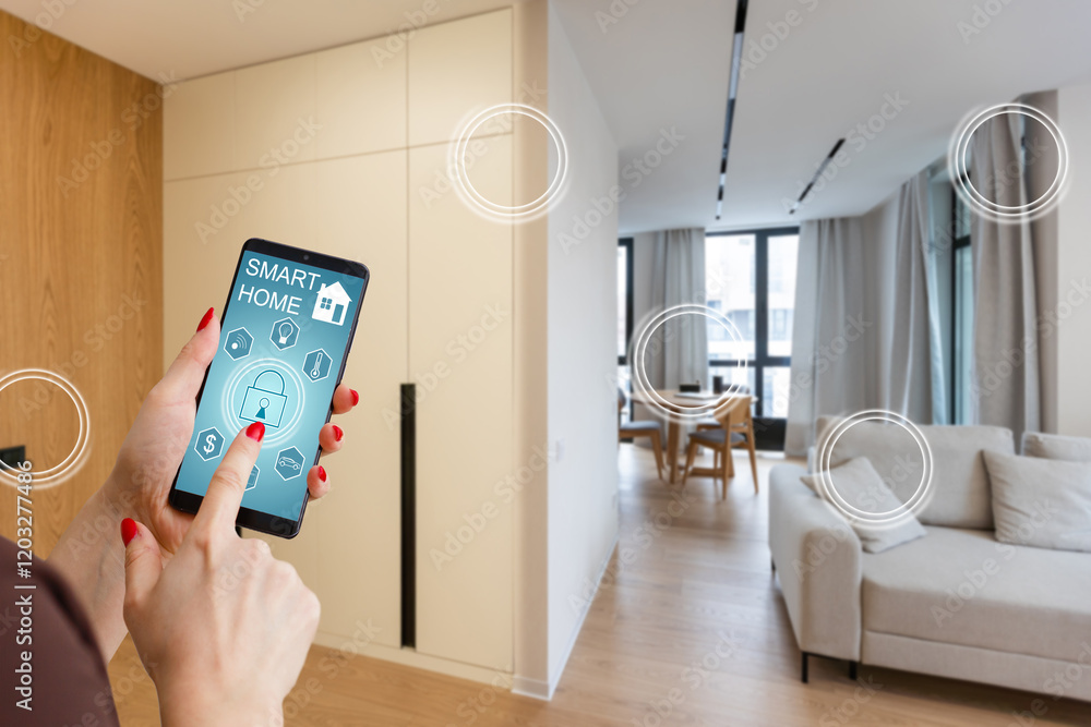 Poster smart home technology interface on smartphone app screen with augmented reality (ar) view of interne
