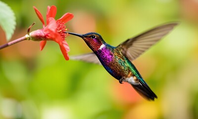 Naklejka premium Close-up of a vibrant hummingbird hovering mid-air sipping nectar from a bright red flower