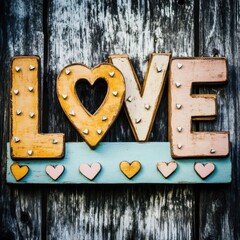 Wooden sign with colorful letters spelling "LOVE" and decorative hearts.
