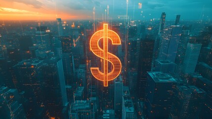 Giant dollar sign illuminated in bustling city skyline during sunset