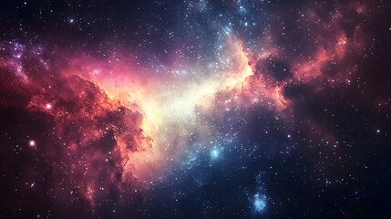 A cosmic nebula explodes with energy, showcasing brilliant stars and colors.
