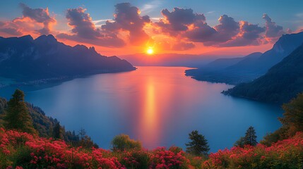 Sunset over mountain lake, vibrant flowers, scenic vista