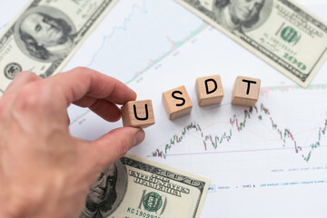 Calculator, money banknotes and square letters with text USD.