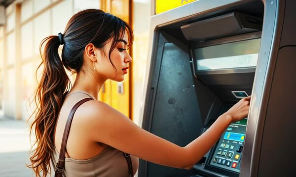 a woman presses atm machine in a place