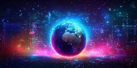 Global Network: Vibrant Digital Earth in Neon Hues