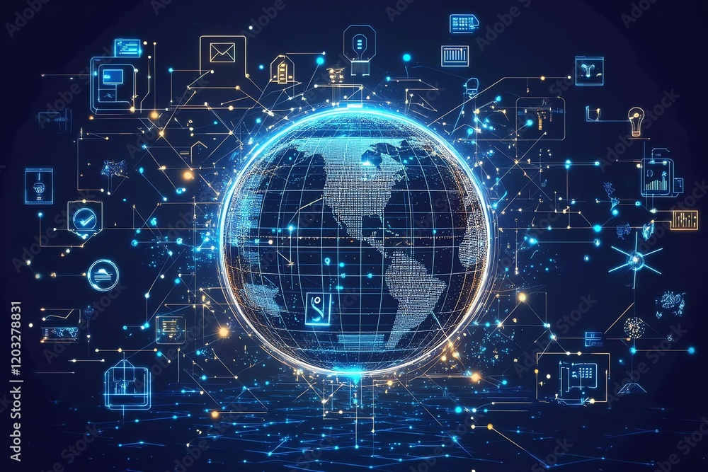 Poster global network: a futuristic digital world map with illuminated connections