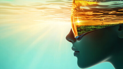 stunning double exposure of swimmer profile, showcasing vibrant sunset reflected in sunglasses, blending nature and water elements. image evokes sense of tranquility and adventure