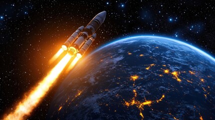 Rocket launch into space earth orbit digital art cosmic environment dramatic viewpoint exploration theme