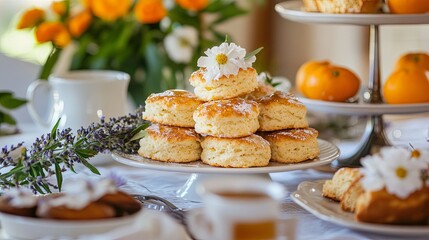 A table centerpiece featuring orange blossom scones with homemade lavender honey.