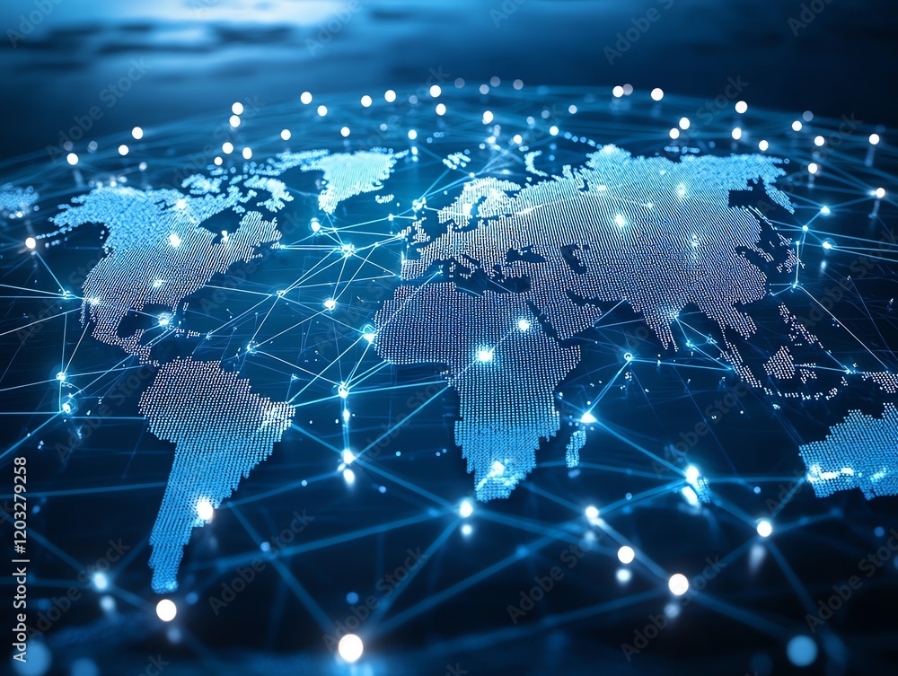 Poster global network: a dazzling blue world map of interconnected nodes