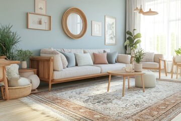 A family-friendly living room with soft pastel accents, a large area rug, and warm wooden furniture