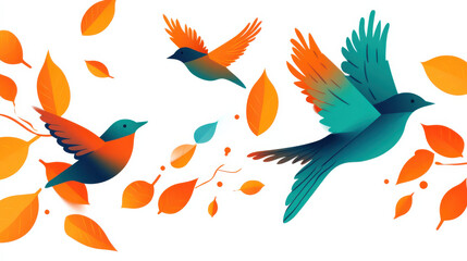 Obraz premium Simplistic bird silhouettes, multicolor geometric shapes creating vibrant feathers, dynamic angles with a focus on bright orange and teal tones