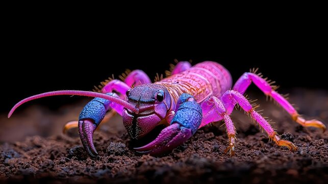 Pink and blue tailless whip scorpion on dark soil. Macro photography for nature or science publications