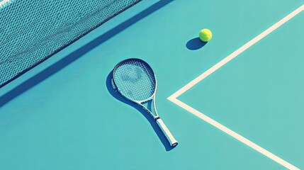A tennis racket and ball placed on a clean court, with open space for text above.