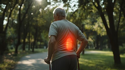 Fototapeta premium Elderly man with walking stick pausing in a park surrounded by trees during golden hour