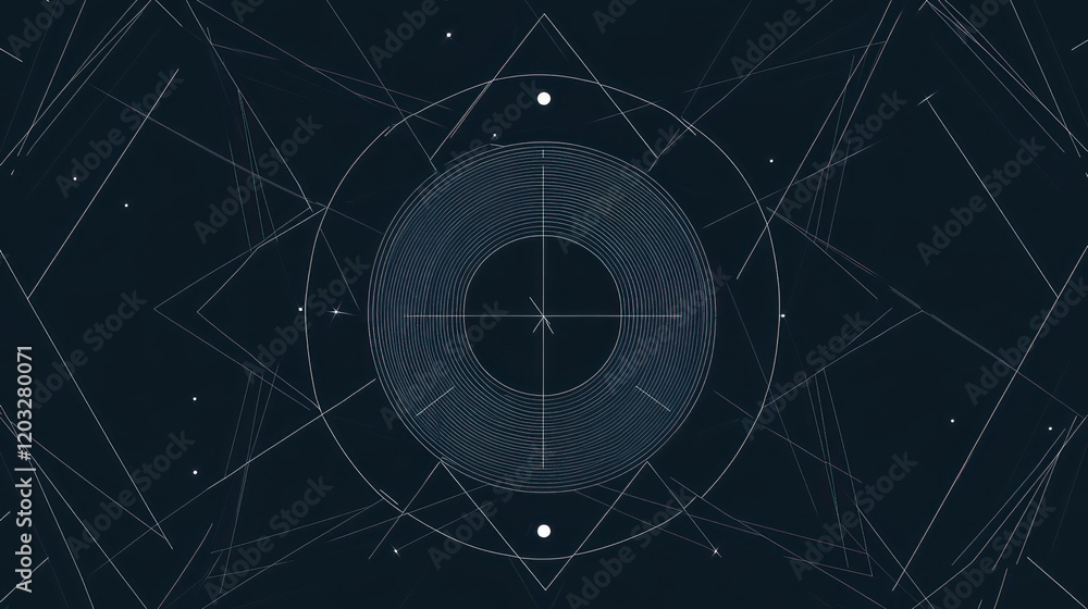 Poster abstract geometric design: concentric circles and intersecting lines in dark blue