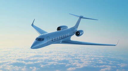 Obraz premium Illustration of a Detailed Passenger Airplane Flying Overhead with a Light Blue Sky Background, Airplane Soaring Through a Clear Light Blue Sky, Airplane photo Against a Clean Light Blue Gradient Sky