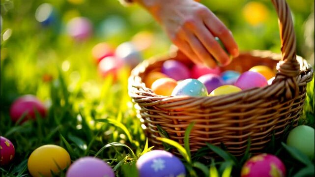 footage of hand picking up easter eggs and putting it into a basket