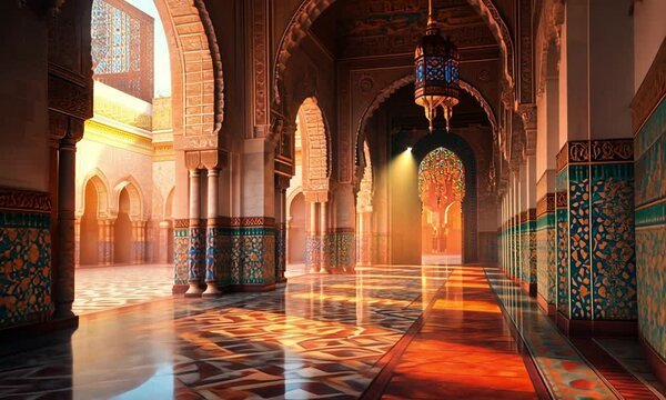 Sunlit Corridor of a Majestic Moorish Palace, Intricate Tiles and Arches