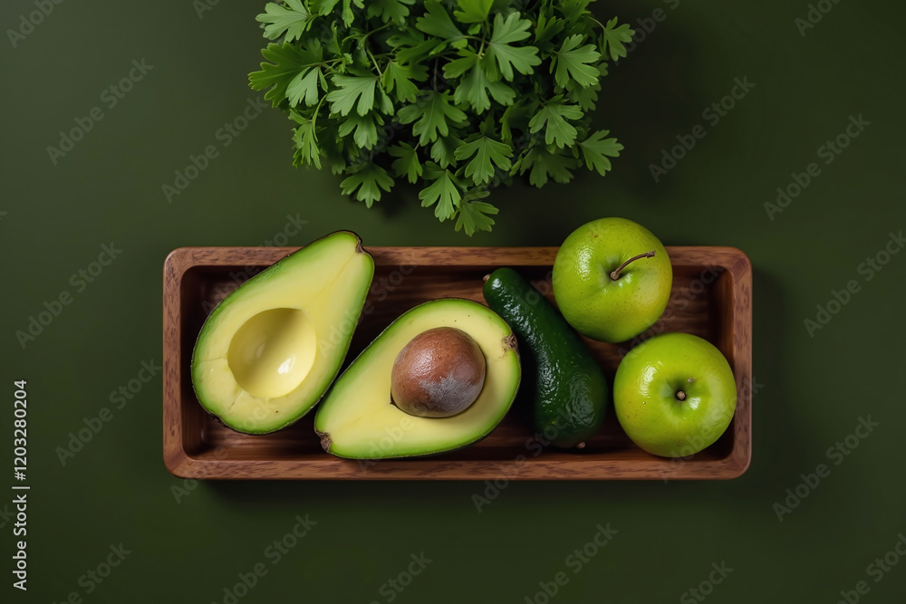 Poster a wooden tray with two avocado halves, one with a stone and the other without. next to the avocado i